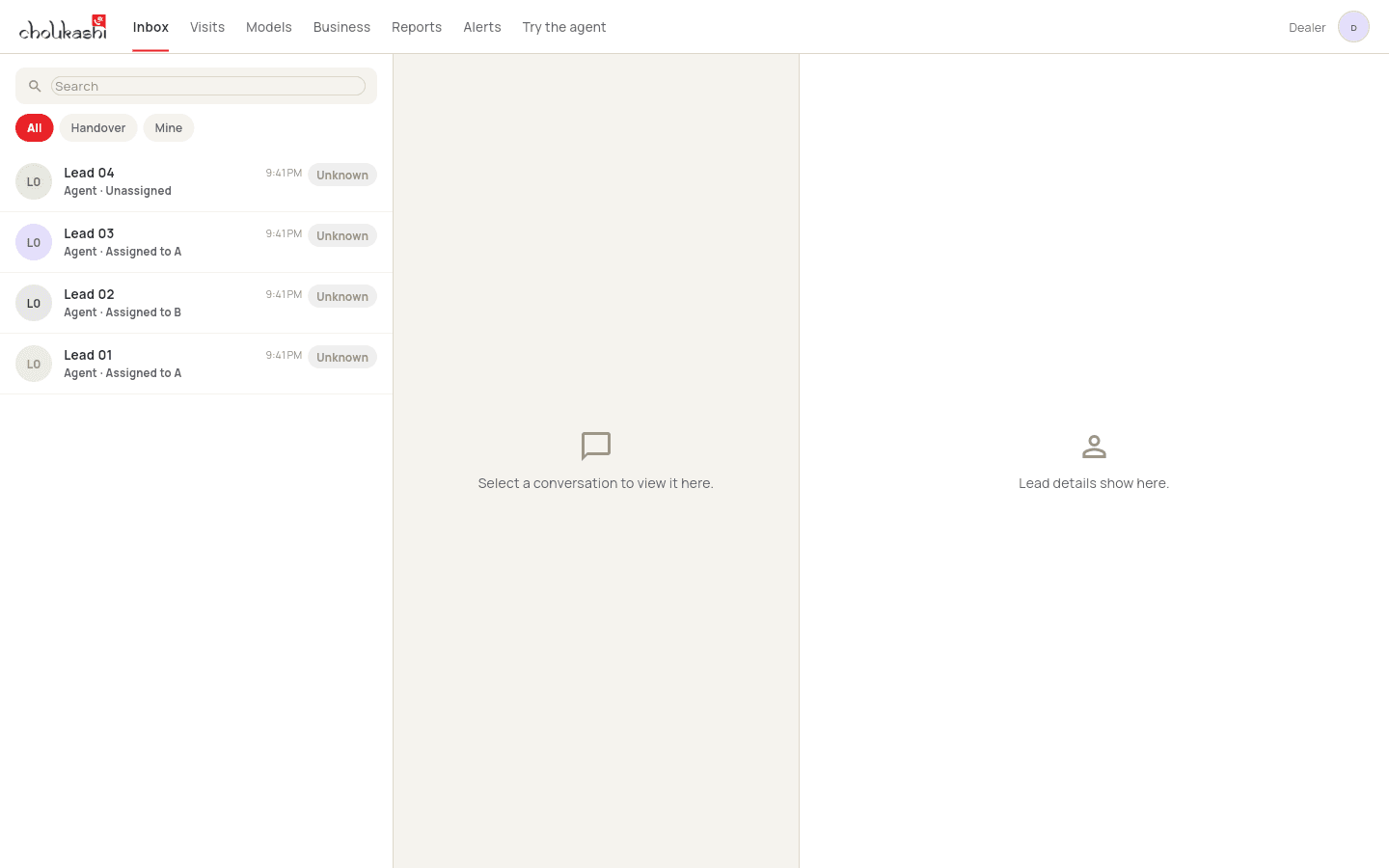 The Choukashi web app inbox: a list of leads with filters for All, Handover and Mine (demo data).